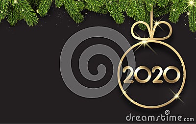 Black 2020 New Year background with fir branches and gold glossy Christmas ball Vector Illustration