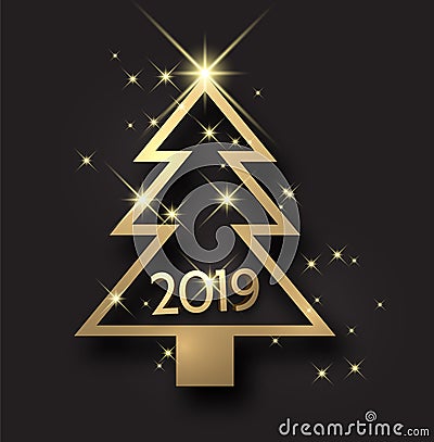 Black 2019 New Year background with gold Christmas tree. Vector Illustration