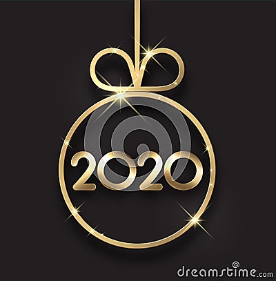 Black 2020 New Year background with gold Christmas ball Vector Illustration