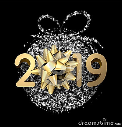 Black 2019 New Year card with golden bow. Vector Illustration