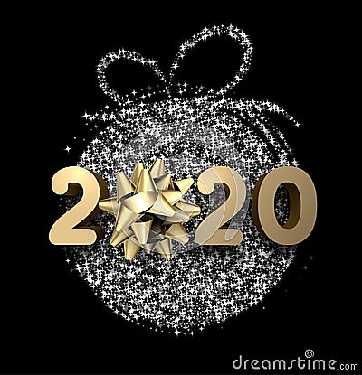 Black 2020 New Year card with golden bow Vector Illustration