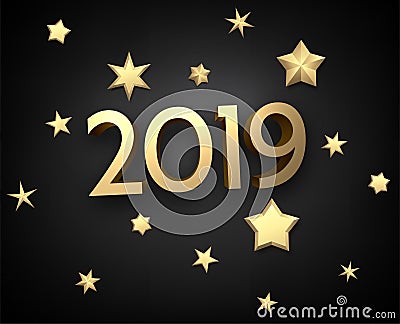 Black 2019 New Year 3d background with gold stars. Vector Illustration