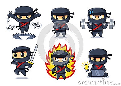 Black Ninja cartoon collection in various poses set Vector Illustration