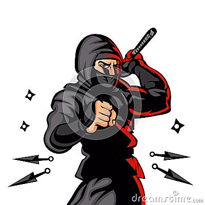 Black ninja cartoon. Vector Illustration