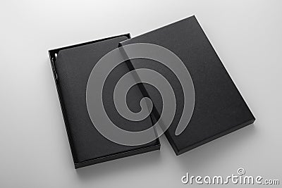 Black notebook, black pu leather cover in in box Stock Photo