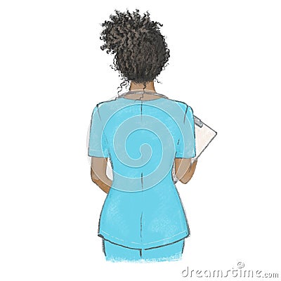 Black nurse hand drawn illustration. Female health worker Vector Illustration