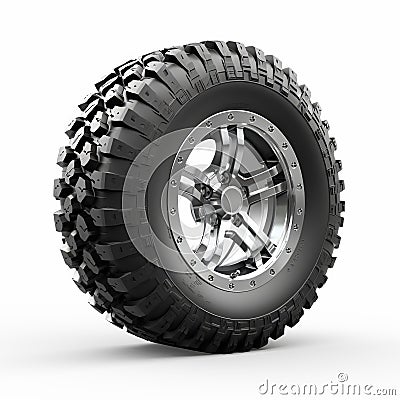 Offroad Truck Tire: Chrome-plated Design, Isolated On White Stock Photo