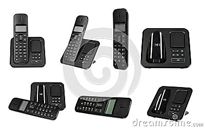 Black office phone, set and collection. Isolated Stock Photo