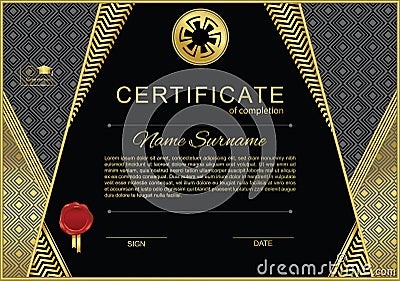 Black official certificate with gold design elements and wafer Vector Illustration