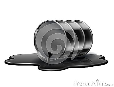 Black oil barrel is lying in spilled puddle of crude oil. Vector Illustration