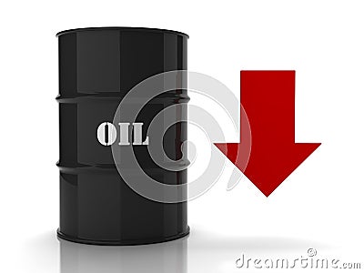 Black oil barrel with red downwards arrow Stock Photo