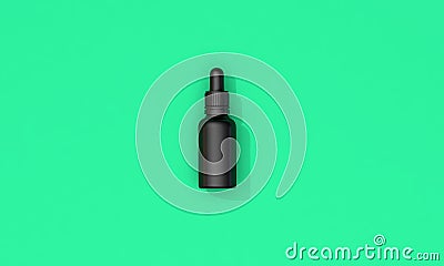 Black oil dropper bottle with blank label on a green background. 3D Render Stock Photo