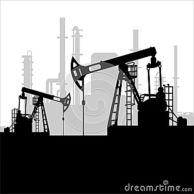 Black oil pump jack silhouette and factory view. Petroleum industry. Vector template for web, infographics or interface design. Vector Illustration