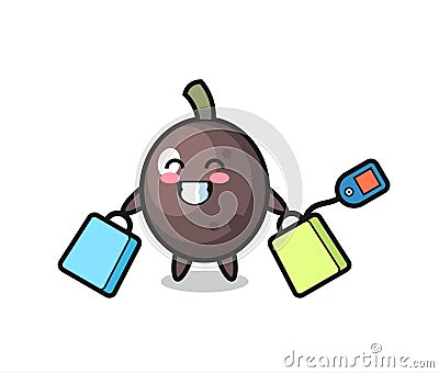 Black olive mascot cartoon holding a shopping bag Vector Illustration