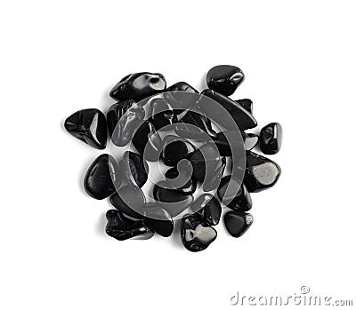 Black onyx pebbles isolated, polished hematite gem stones Stock Photo