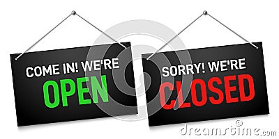 Black open and closed sign. Dark shop door signboards, come in and sorry we are closed outdoors signboard vector Vector Illustration