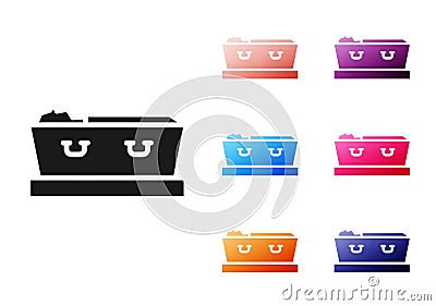 Black Open coffin with dead deceased body icon isolated on white background. Funeral after death. Corpse in an open Vector Illustration