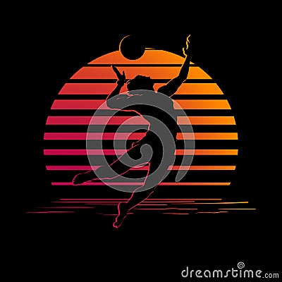 Black and orange stripes logo with volleyball player silhouette Vector Illustration