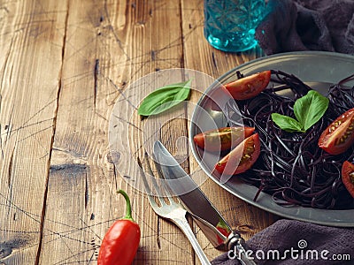 Black organic spaghetti Stock Photo