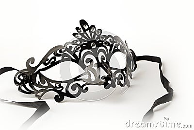 Black Ornate Masquerade Mask on White Background Stock Photo