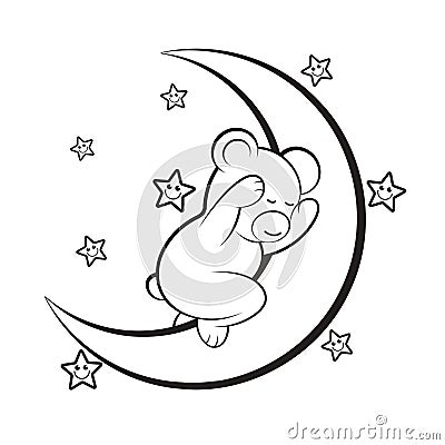 Black outline baby bear sleeping crescent illustration Vector Illustration