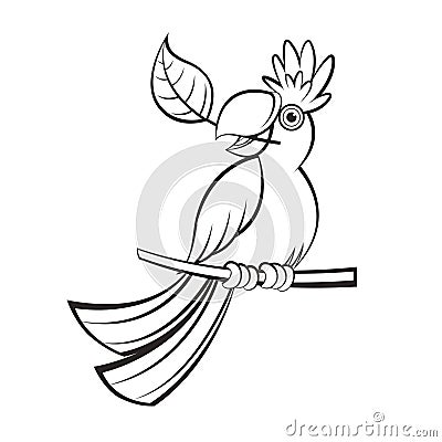 Black outline bird holding a leaf in his beak Vector Illustration