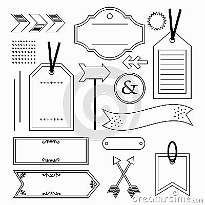 Black outline empty and blank tags, labels, and emblems icons design element set on white Vector Illustration