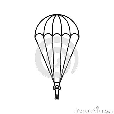 Black outline icon of parachute on white background. Line Icon of side view of parachutist. Vector Illustration