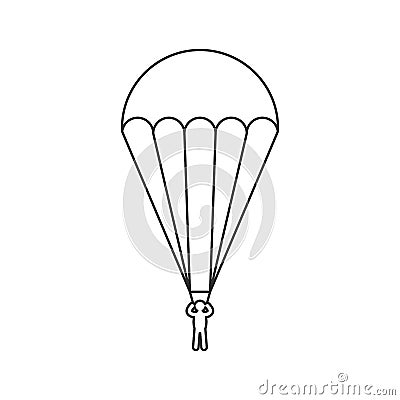 Black outline icon of parachute on white background. Line Icon of side view of parachutist. Vector Illustration