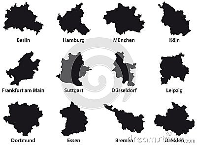 Black outline maps of the 12 most populous cities of the Federal Republic of Germany Vector Illustration