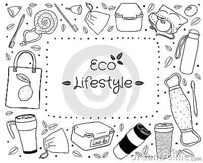 Black outline set of eco-friendly objects isolated in white background. Vector Illustration