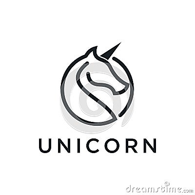 Black outline silhouette unicorn logo design concept in the form of circle, suitable for company logo that require simple Stock Photo