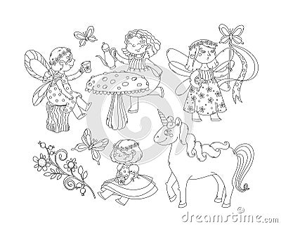 Black outlines fairies at tea party with unicorn, butterfly wand and floral branch for coloring page Vector Illustration