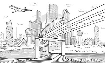 Black outlines Infrastructure town illustration. Train rides on bridge. Modern city at white background, tower and skyscrapers, bu Vector Illustration