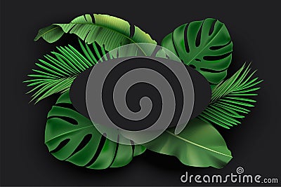 Black oval blank card with green exotic jungle leaves on black background. Monstera, philodendron, fan palm, banana leaf Vector Illustration