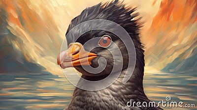 Aggressive Digital Illustration Of Crested Auklet In Mona Lisa Style Stock Photo