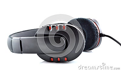 Black Pair of Headphones Isolated on a White Background. Stock Photo