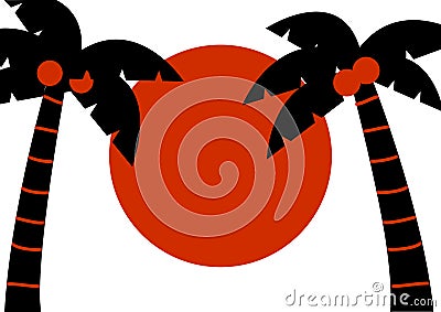 Black palms with coconuts and red sun, tropical background, vector Cartoon Illustration