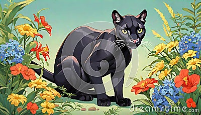 Black Panther cat Leopard Jaguar Panthera tropical forest Cartoon Illustration