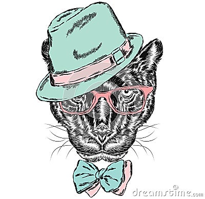 Black Panther in a hat and sunglasses. Hipster. Vector Illustration