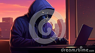 Black panther in a hood coding in a laptop Stock Photo