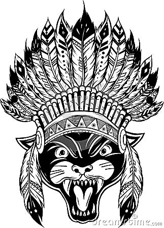 monochrome Black panther, puma. Head of animal. Wild cat portrait. Indian headdress with feathers. Vector Illustration