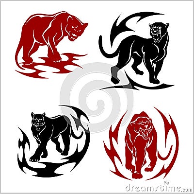 Black panthers set - stylized images for tattoos Vector Illustration