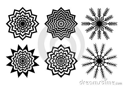 Black paper cuted Christmas snowflakes pack isolated on white background Vector Illustration