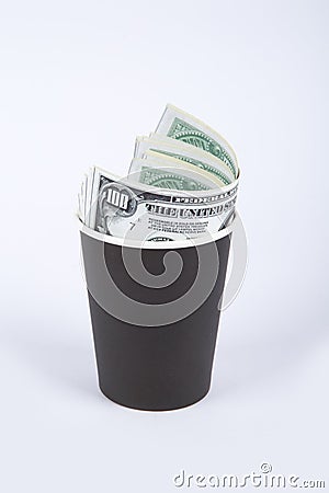 Black Paper Glass with Money Stock Photo