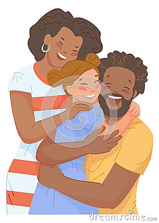 Black parents hugging caucasian girl. Family with adopted child Vector Illustration