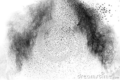 Black particles splatter on white background. Black powder dust burst Stock Photo
