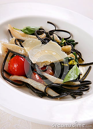 Black pasta and seafood Stock Photo