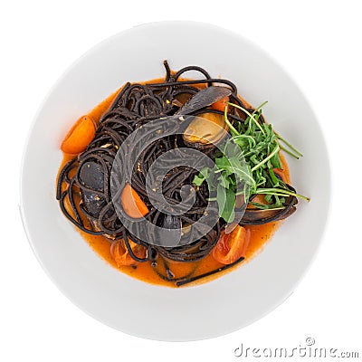 Black pasta spaghetti with seafood Stock Photo