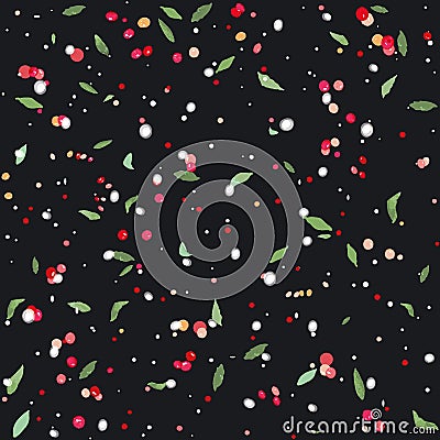 Black pattern with berry, dot & snow flakes. Vector Illustration